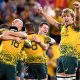 Los australianos celebran su triunfo sobre los All Blacks. / Foto NZRU